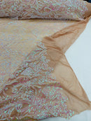 Damask Geometric Sequins - Pink Iridescent on Nude - 4 Way Stretch Sequins Damask Pattern Design Sold By Yard