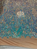 Iridescent Sequins - Lilac / Aqua - 4 Way Stretch Damask Design Fabric On Stretch Mesh By The Yard