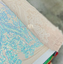Big Damask Sequins Fabric - Aqua/Blue on Blush Mesh 1 - 4 Way Stretch Damask Sequins Design Fabric By Yard