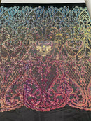 Heart Damask Sequins - Rainbow - 4 Way Stretch Elegant Shiny Net Sequins Fabric By Yard