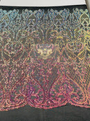 Heart Damask Sequins - Rainbow - 4 Way Stretch Elegant Shiny Net Sequins Fabric By Yard