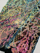 Heart Damask Sequins - Rainbow - 4 Way Stretch Elegant Shiny Net Sequins Fabric By Yard