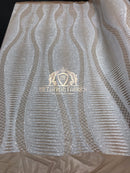 4 Way Stretch - White on Nude Mesh - Horizontal Line Design Sequins On Stretch Mesh By The Yard