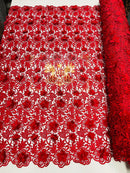 Guipure Floral Lace Fabric - Red - Floral Pearls Guipure Fabric Sold By Yard