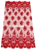 Round Flower Beaded Fabric - Red - Embroidered Fashion Design Beads and Sequins On Mesh by The Yard