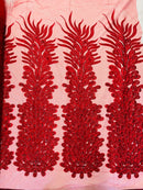 3D Beaded Peacock Feathers - Vegas Design Embroidered Sequins and Beads On a Mesh Lace Fabric - 15 Yard Roll