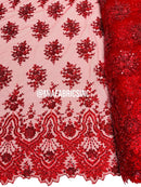 Round Flower Beaded Fabric - Red - Embroidered Fashion Design Beads and Sequins On Mesh by The Yard