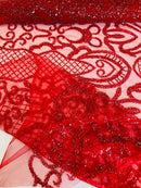 Beaded Fashion Design Fabric - Red - Beaded Embroidered Damask Style Fabric on Mesh By Yard