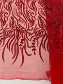 Sea Plant Design Fabric - Red - Beaded Embroidered Sea Plant Design Fabric by Yard
