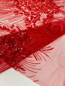 Beaded Floral Line Fabric - Red - Beaded Embroidered Lines and Flowers on Mesh By Yard