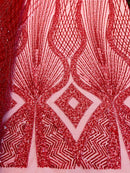 Beaded Diamond Design Fabric - Red - Beaded Embroidered Diamond Zig Zag Design on Mesh By Yard