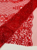 Bead Fashion Damask Fabric - Red - Beaded Sequins Geometric Design on Mesh Sold By Yard