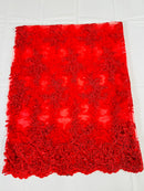 Lace Flower Cluster Fabric - Red - Embroidered Flower With Sequins on a Mesh Lace Fabric By Yard