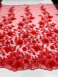 3D Pearl Floral Fabric - Floral Design Embroidered on Mesh Lace Fabric - 25 Yard Roll