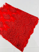 Beaded Flower Cluster Fabric - Red - Embroidered Beaded Fancy Border Floral Fabric Sold By Yard