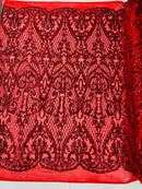 Heart Damask Sequins - Red - 4 Way Stretch Elegant Shiny Net Sequins Fabric By Yard
