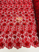 Guipure Floral Lace Fabric - Red - Floral Pearls Guipure Fabric Sold By Yard