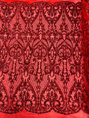 Heart Damask Sequins - Red - 4 Way Stretch Elegant Shiny Net Sequins Fabric By Yard