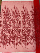 Sea Plant Design Fabric - Red - Beaded Embroidered Sea Plant Design Fabric by Yard