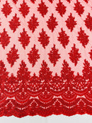 Beaded Flower Cluster Fabric - Red - Embroidered Beaded Fancy Border Floral Fabric Sold By Yard