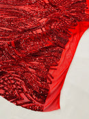 Long Wavy Pattern Sequins - Red - 4 Way Stretch Sequins Fabric Line Design By Yard