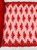 Beaded Shiny Floral Cluster - Red - Embroidered Luxury Floral Design by Yard