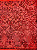 Geometric Pattern Sequins - Red - 4 Way Stretch Colorful Shine Designer Sequins By Yard
