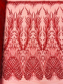 Heart & Feather Pattern Fabric - Red - Embroidered Elegant Design with Beads Mesh Fabric Sold By Yard