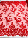 Damask Lace - Floral Damask Design Embroidered on Mesh Lace Fabric - 25 Yard Roll