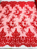 Damask Lace - Floral Damask Design Embroidered on Mesh Lace Fabric - 25 Yard Roll