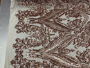 Big Damask Sequins Fabric - Rose Gold - 4 Way Stretch Damask Sequins Design Fabric By Yard