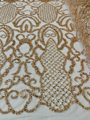 Beaded Fashion Design Fabric - Rose Gold - Beaded Embroidered Damask Style Fabric on Mesh By Yard