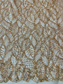 Beaded Leaf Designs Fabric - Rose Gold - Embroidered Beads in Leaves Pattern Sold By Yard