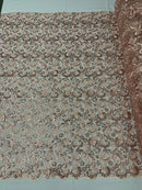 Metallic Floral Lace Fabric - Rose Gold - Embroidered Sequins Floral Design Sold By Yard