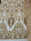 Beaded Fabric by yard - Rose Gold - Damask Pattern With Beads and Sequin, Appliqué Lace for Bridal and Prom Dress