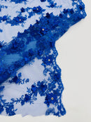 3D Lace Flower Fabric - Royal Blue - Embroidered Sequins and 3D Floral Patterns on Lace By Yard