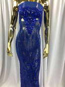 Damask Line Pattern - Royal Blue - 4 Way Stretch Damask Sequins Line Fabric Sold By Yard