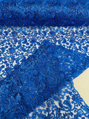 Metallic Floral Lace Fabric - Royal Blue - Embroidered Sequins Floral Design Sold By Yard