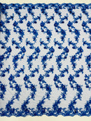 3D Lace Flower Fabric - Royal Blue - Embroidered Sequins and 3D Floral Patterns on Lace By Yard