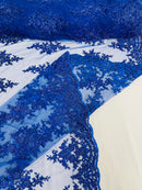Beaded Shiny Floral Cluster - Royal Blue - Embroidered Luxury Floral Design by Yard