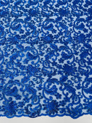 Metallic Floral Lace Fabric - Royal Blue - Embroidered Sequins Floral Design Sold By Yard
