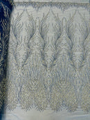 Heart & Feather Pattern Fabric - Royal Blue - Embroidered Elegant Design with Beads Mesh Fabric Sold By Yard