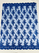 Lace Flower Cluster Fabric - Royal Blue - Embroidered Flower With Sequins on a Mesh Lace Fabric By Yard