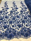 3D Pearl Floral Fabric - Floral Design Embroidered on Mesh Lace Fabric - 25 Yard Roll