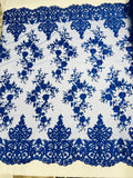 Damask Lace - Floral Damask Design Embroidered on Mesh Lace Fabric - 25 Yard Roll