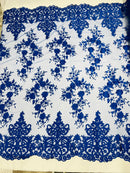 Damask Lace - Floral Damask Design Embroidered on Mesh Lace Fabric - 25 Yard Roll