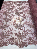 Beaded - Pink - Fancy Flower Design Sequins Fabric with Beads Sold By The Yard