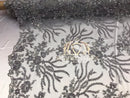Beaded - Silver - Fancy Flower Design Sequins Fabric with Beads Sold By The Yard