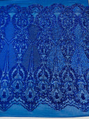 Royal Blue Sequins Fabric on Mesh, DAMASK Design Embroidered on a 4 way Stretch By The Yard