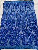 Big Damask Sequins Fabric - Royal Blue - 4 Way Stretch Damask Sequins Design Fabric By Yard